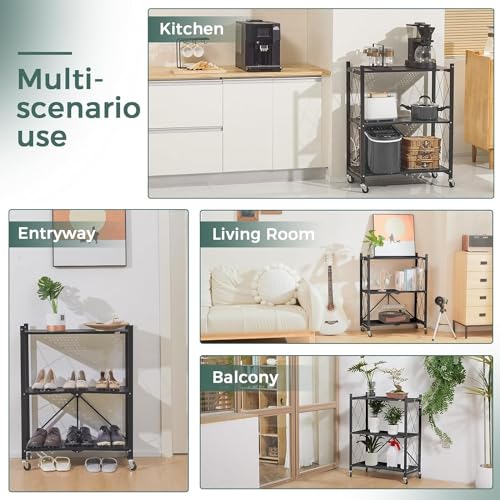 Image of DEANIC 3 Tier Foldable Storage Shelves with Wheels, Kitchen Appliance Stand, Freestanding Metal Wire Shelf Rack, No Assembly Organizer Rolling Cart for Garage, Basement, Pantry(Black Pack of 2)