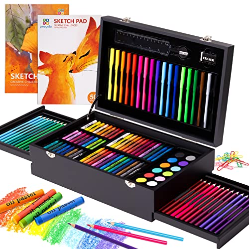 Art Supplies, 162-Piece Deluxe Wooden Art Set with 2 Sketch Pads, 48 Color Pencils, 24 Oil Pastels, 24 Crayons, 18…