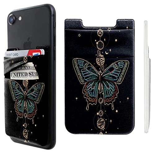 Cell Phone Adhesive Stick On Wallet Sleeve Double Pocket Lycra Credit ID Card Holder Pouch Little Wallet Butterfly Moon Space Design for iPhone ipad Samsung Galaxy Android Smartphones