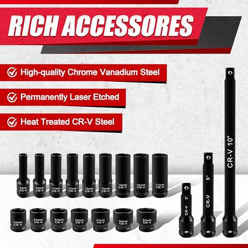 45pcs 1/2" Socket Set, Drive Deep and Shallow Impact Socket Set, Including 3 ", 5", 10" Impact Extension Bar, Universal Joint, Metric(9-32mm),6-Point,Cr-V Steel