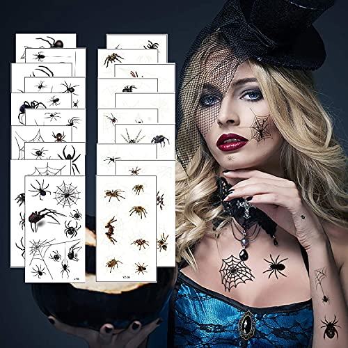 20 Sheets Halloween Face Spider Temporary Tattoos, Spider Web Waterproof Tattoos, Temporary Face Tattoos Shoulder Arm Back Body Luminous Tattoos Stickers for Adult Kids Witch Halloween Costume Cosplay