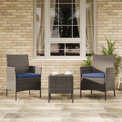 Image of GAOMON 3-Piece Patio Furniture Set, Modern PE Rattan Conversation Set with 2 Chairs & Tempered Glass Coffee Table, All-Weather Outdoor Seating for Garden, Porch, Balcony, Poolside, Brown /Navy Blue