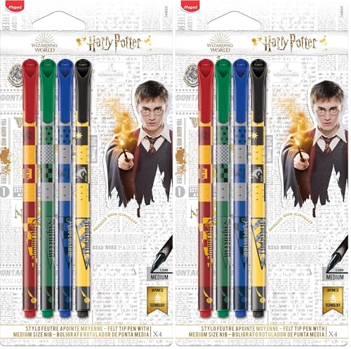 Maped 749600-4 Feutres Graph'Peps Harry Potter - Pointe Moyenne 0,8 mm - Confort d'Écriture et Dessin - 4 Stylos Feutres Noir, Vert, Rouge, Bleu (Lot de 2)