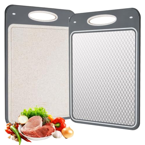 Cozary Doppelseitiges Schneidebrett, Edelstahl-Schneidebrett für die Küche, lebensmittelechter 304-Edelstahl und Weizenstroh, Cutting Board für Fleisch, Brot, Gemüse & Obst(35x24cm)