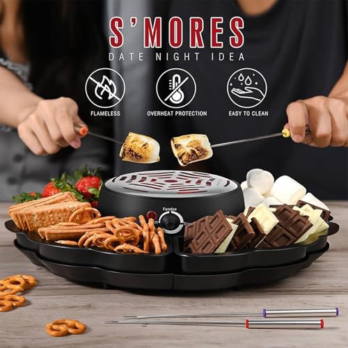 Maker and Fondue Pot - Kit de mesa 2 en 1 para interiores con calentador sin llama, 4 tenedores para asar y 4 bandejas desmontables