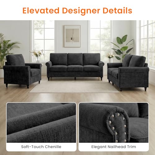 Image of ijuicy 3 PCS Sofa Set, Modern Chenille Living Room Couch Set, Black | Upholstered Sofa, Loveseat and Chair Living Room Furniture Sets with 6 inch Thicken Cushio, Nailhead Trim