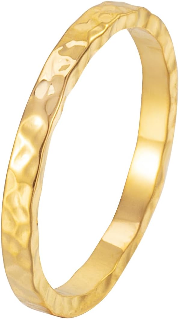 Women's Surgical Hammered Ring, 316L, 18 Gold Plated, Gold Plated, Japanese No. 5 - 11, Round, Hypoallergenic, Slim, 0.08 inch (2 mm), Pinky Ring, Men's, Unisex