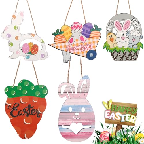 Happy Easter Wooden Hanging Sign - Easter Door Decorations Colorful Eggs Bunny Sign Easter Wood Wreath Sign(6-pack,M)