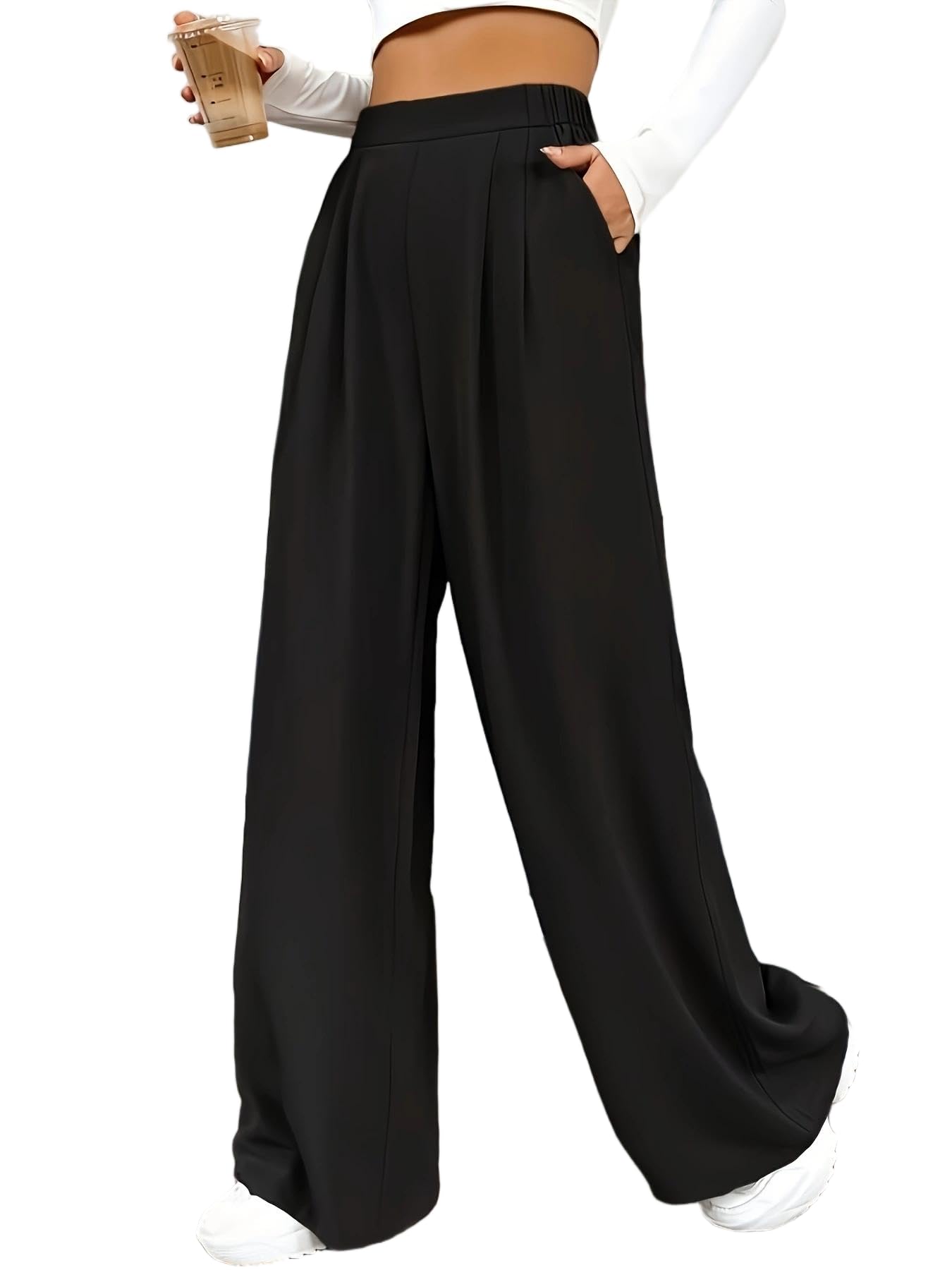 Womens High Waist Pleated Wide Leg Palazzo Pants Casual Loose Flowy Suit Trousers with Pockets Work Office Streetwear