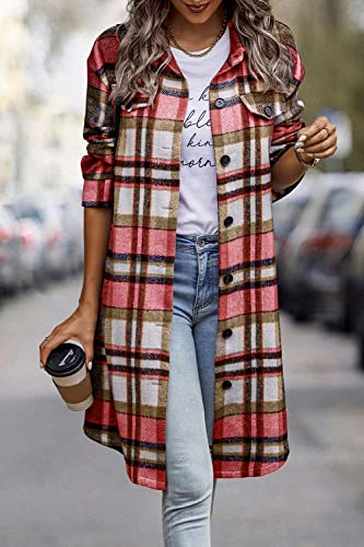 Prettygarden Women's Plaid Shacket 2023 Long Sleeve Button Up Flannel Shirt Winter Tartan Jacket Woolen Coats (Red,Large) #TOP3