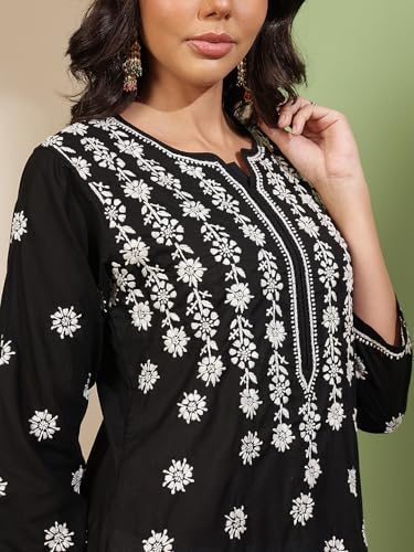 Image of Ada Women's Cotton Regular Fit Tunic Hand Embroidered Lucknowi Chikankari Ethnic Wear Kurta Kurti A130717