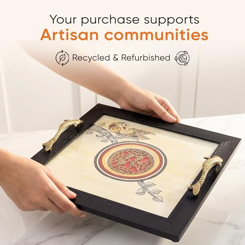 Image of Aakriti Art Creations Artisan's Harmony Handcrafted Tray, Serving Platter Beige | Madhubani Art with Matte Finish, Handcrafted Metal & Wood | Tray for Kitchen Decor & House Warming Gifts