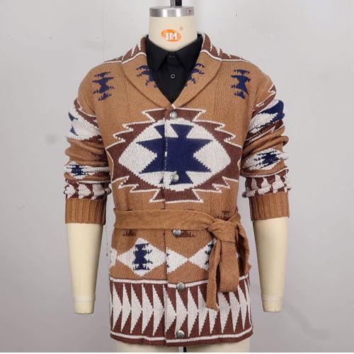 Men's Jacquard Sweater Cardigans Lapel Button Down Knitted Sweater Western Ethnic Sweater with Belt4