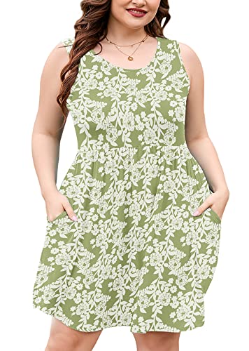 Image of AusLook Plus Size Summer Tank Dress for Women Casual Sleeveless Crewneck Pleated Babydoll Swing Sundresses with Pockets 1X-5X