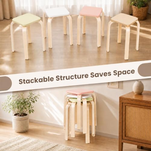Image of COSTWAY 18-Inch Stackable Wooden School Stools Set of 4, Assorted Color | Portable Backless School Chairs with Square Top, Anti-Slip Felt Mats, Stacking Stools for Classroom, Dining Room, Kitchen