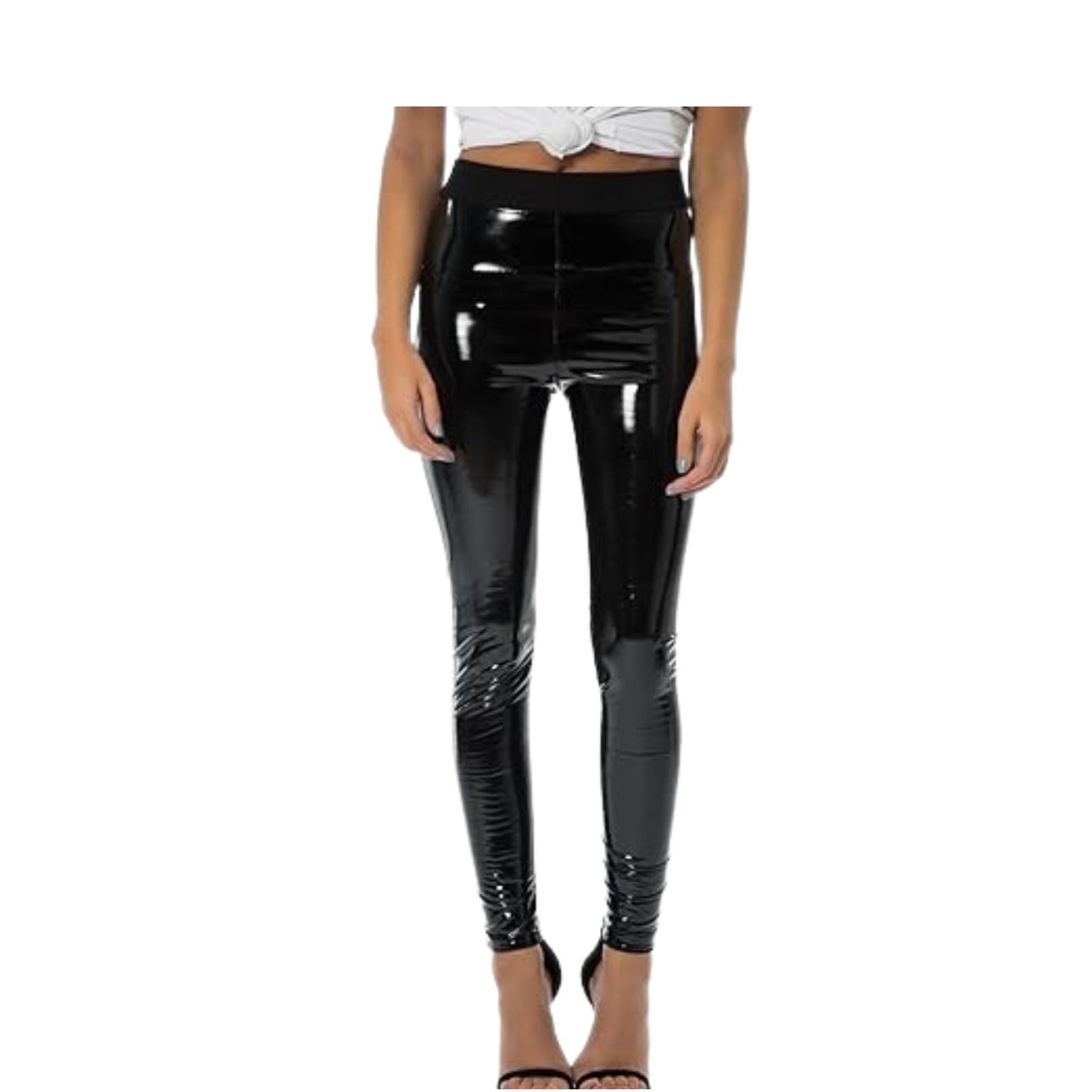 LUXE DIVA Ladies Latex Vinyl Shiny Leggings PVC PU High Waisted Stretch Wet Look Disco Womens Sexy Trousers (XL, Black)