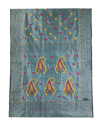 Image of SHRISTI CLOTHINGS Women's Hand Embroidered Cotton Silk Kantha Stitch Saree with Blouse Piece (J420924 GREYD48)