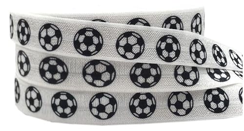 Fold Over Elastic Printed for Hair Ties 5/8 FOE, White Soccer