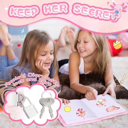 Image of Axolotl Diary For Girls With Lock And Keys, Girls Fuzzy Notebook Gift Set For Writing And Drawing