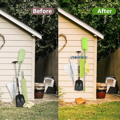 Image of Broom Holder Wall Mounted - 5-Slot Mop Organizer with 6 Hooks, Convenient Storage Stand for Mops, Brooms, Brushes & Cleaning Tools - Space-Saving Wall Hanger