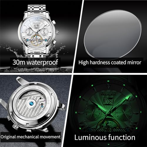 Image of OLEVS Watches for Men Automatic Skeleton 5 Hands Mechanical Luxury Watch Classic Calendar Stainless Steel Waterproof Mens Wrist Watch