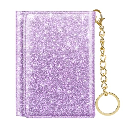 Image of Trifold Small RFID Blocking Wallet Pocket Cute Short Slim Sparkling Credit Card Holder Leather Keychain Ladies Mini Purse with ID Window, Glitter Purple