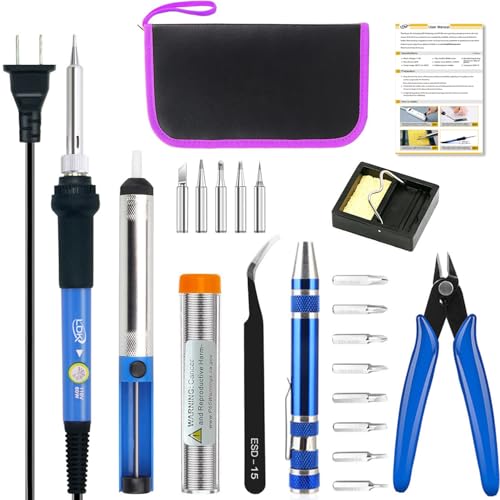LDK Full Set 60W Soldering Iron Kit, Adjustable Temperature with 5pcs Different Tips, Desoldering Pump, Stand, anti-static Tweezers, Solder Tube, Screwdriver, Cutter and Carry Bag for Repaired Usage