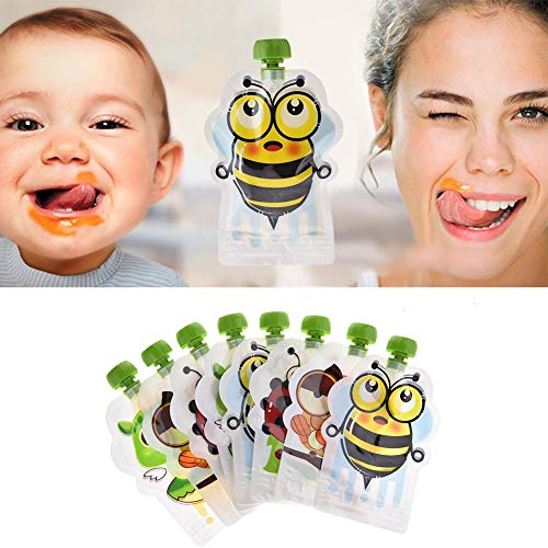 libelyef 8pcs Baby Food Pouch Reusable Sealed Complementary Storage Bag Cartoon Animal Print Food Pouch, BPA-Free, Double Zipper