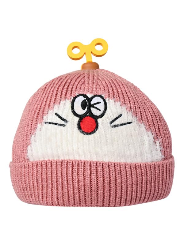 Helicopter Patch Wink Face Self Design Woolen Cap for Babies, Eye-catching Design, Stay Cozy and Express Your Personality, Perfect Blend of Fashion for The Winter Season - Pink