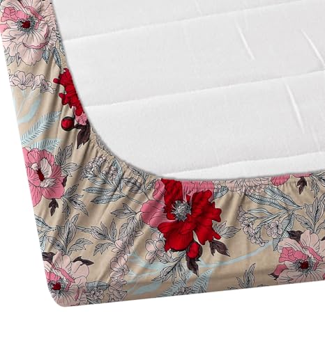 Image of DECORUM Glace Cotton Fitted 1 Bedsheet King Size (72 inchx78 inch) | All Around Elastic | Cotton Feel | 2 Pillow Covers (17 inchx27 inch) | Fits Up to 8 inch Mattress | 200-220 TC | Printed Double Bed Sheet Set