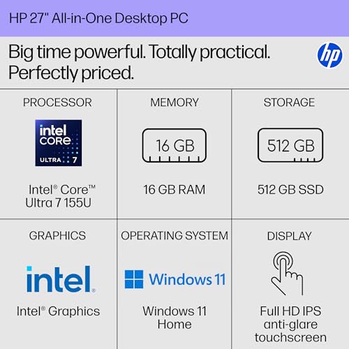 HP 27 inch All-in-One Desktop PC, FHD Touchscreen, Intel Core Ultra 7 155U, 16 GB RAM, 512 GB SSD, Intel Graphics, Windows 11 Home, Shell White, 27-cr1180 (2025) - Image 3