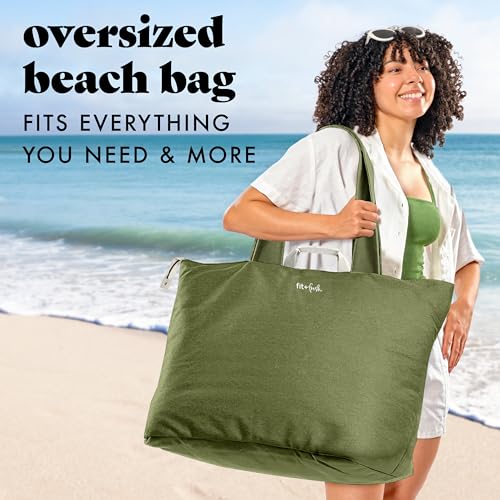 Image of Fit & Fresh XL Beach Tote Bag for Women - XL Travel Tote with Zipper & Pockets, Oversized Canvas Pool Bag, Weekender Carry-On