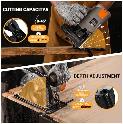 Bild 1 - 1200W Kreissäge: DEKOPRO Kreissäge mit Führung, Sägeblatt Ø185mm (24T), 4800 U/min, maximale Schnitttiefe 65mm (90°), 43mm (45°), 2M Kabel, inklusive Führung, ideal zum Schneiden von Holz