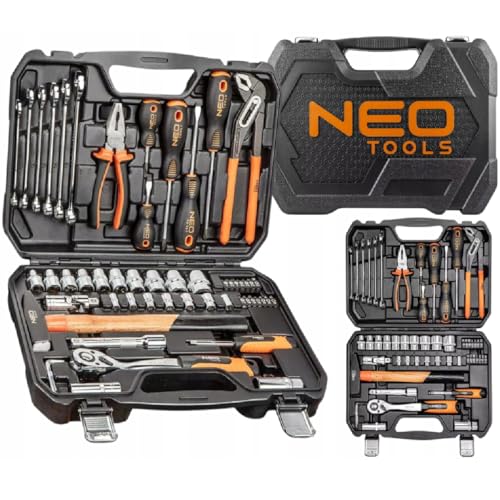 NEO TOOLS Universal-Werkzeugsatz | 56-tlg | Antriebsvierecks 1/4", 1/2" | Material Chrom-Vanadium-Stahl (CrV) und Stahl S2 | Universal Werkzeugkiste | Steckschlüsselsatz | 08-684