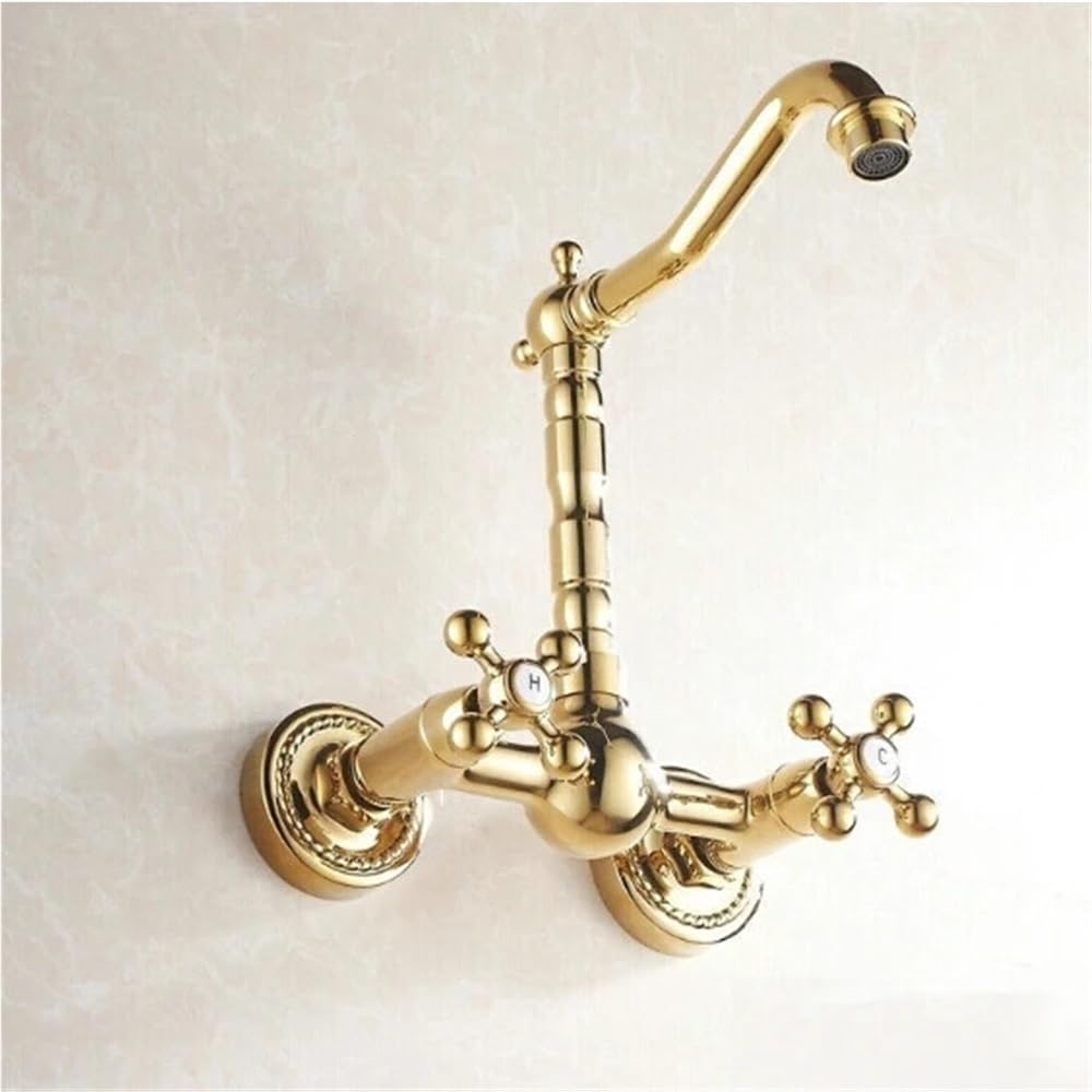Rubinetto miscelatore con rubinetto girevole for lavabo da cucina, bagno caldo e freddo in ottone dorato a parete