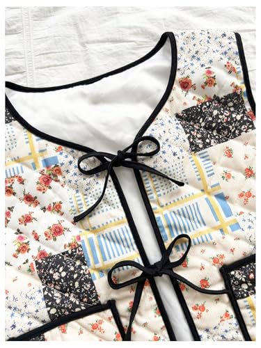 Image of Verdusa Women's Floral Bow Tie Sleeveless Crop Cardigan Vest Spring Jacket Multicolor Medium