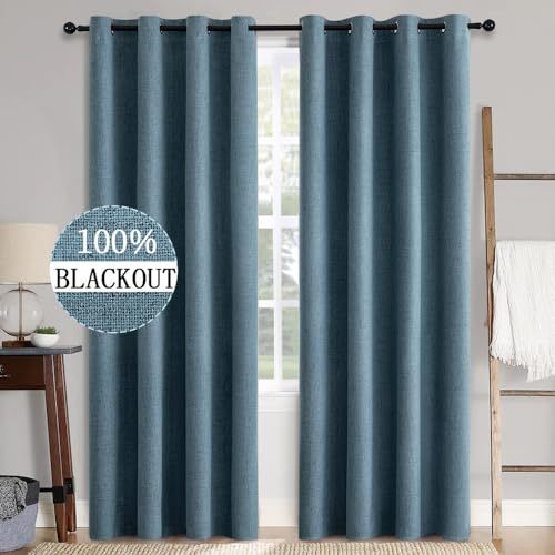 Image of MIULEE 2 Panels Blackout Curtains Polyester Texture Opaque Curtains for Bedroom 100% Blackout Thermal Insulated Dusty Blue Curtains 90 Inches Long for Living Room
