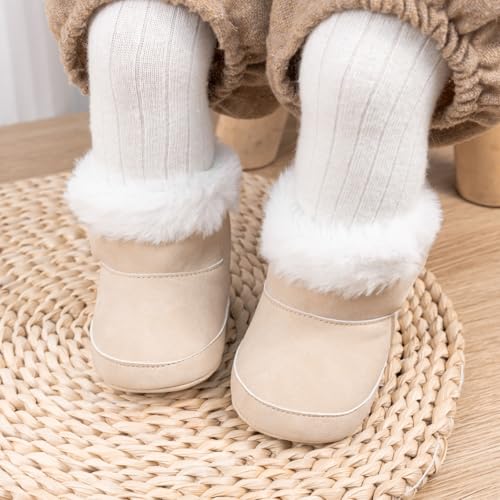 LONSOEN Baby Sherpa Fleece Booties, Soft Sole Crib Shoes for Infant Boys Girls, Faux Suede Warm Booties with Hook & Loop Stay-On Cuff, Newborn Prewalker House Slippers, 0-18 Months4
