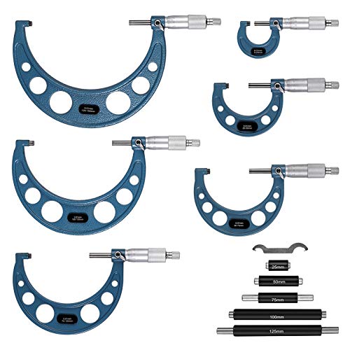 Proster 6pcs 0-150mm Premium Outside Micrometer Machinist Tool Set Round Frame 0.01mm Precision Vernier Scale with Carbide Tips