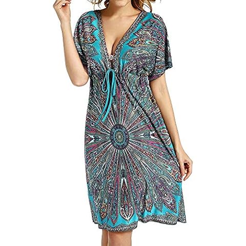 Women's Beach Wraps and Cover ups Ladies V-Neck Bohemia Beach Sundress Tunic Kaftan Casual Loose Dress Short Sleeves Boho Beachwear Green Cover