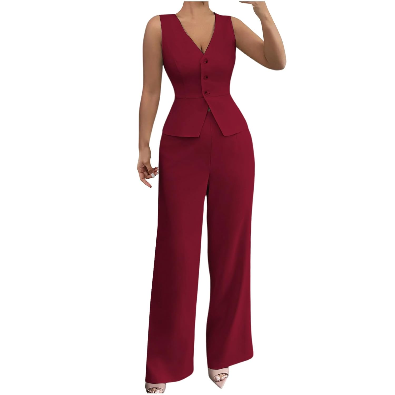 Pant Suits for Women Dressy Business Sleeveless Button Blazer Vest High Waisted Wide Leg Pants Sets 2 Piece
