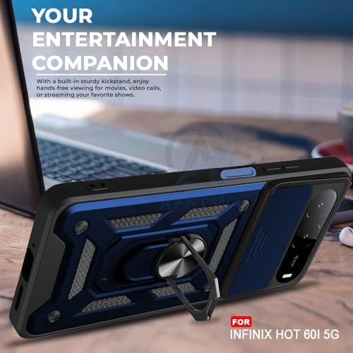 Image of AESTMO Tough Armor Infinix Hot 60i 5G / Tecno Spark GO 5G Bumper Back Case Cover | Ring Holder & Sliding Camera Shield Cover | 360 Degree Protection Back Case Cover for (Blue)