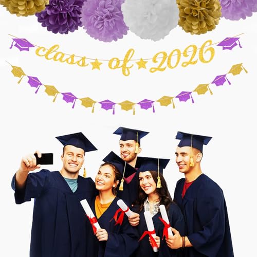 Image of Purple White-Gold Party-Decorations Graduation Banner - 8pcs Kits Class of 2026 Cap Garland Streamers, Paper Tissue Pom Poms Flowers, Congratulations Grad Decor Lasting Surprise