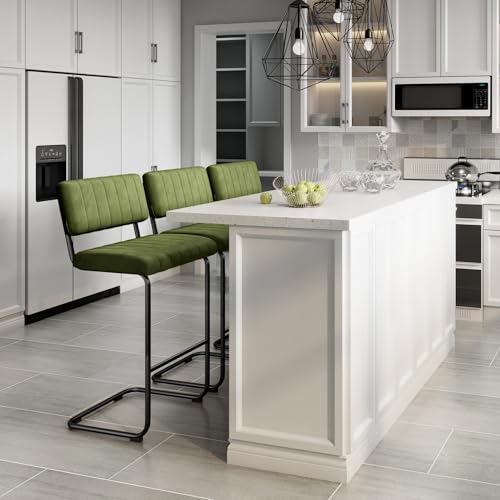 Image of ONEVOG 30 Inch Seat Height Green Velvet Bar Stools with Back and Cantilever Metal Leg, Mid Century Modern Upholstered Fabric Barstools, Tufted Tall Chairs for Kitchen Island /Counters /Pub, Set of 2