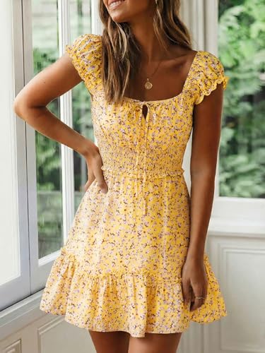 Image of Valphsio Womens Smocked Dress Ruffle Floral Tie Front Boho Short Dresses