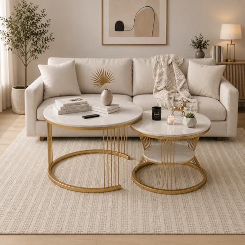 Image of Roldo Modern Nesting Coffee Table Set of 2 for Living Room, Round Coffee & Side Table with Metal Frame and Marble Finish MDF Top, Center Table for Sofa, Home Decor Office & Apartment (Gold White)