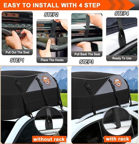 Adakiit Car Rooftop Cargo Carrier Roof Bag, 20 Cubic Feet Waterproof Roof Top Cargo Carrier for Vehicle with Without Luggage Rack, Soft Shell Roof Cargo Box with Tie-Down Strap, Door Hook, Storage Bag - Thumbnail 6