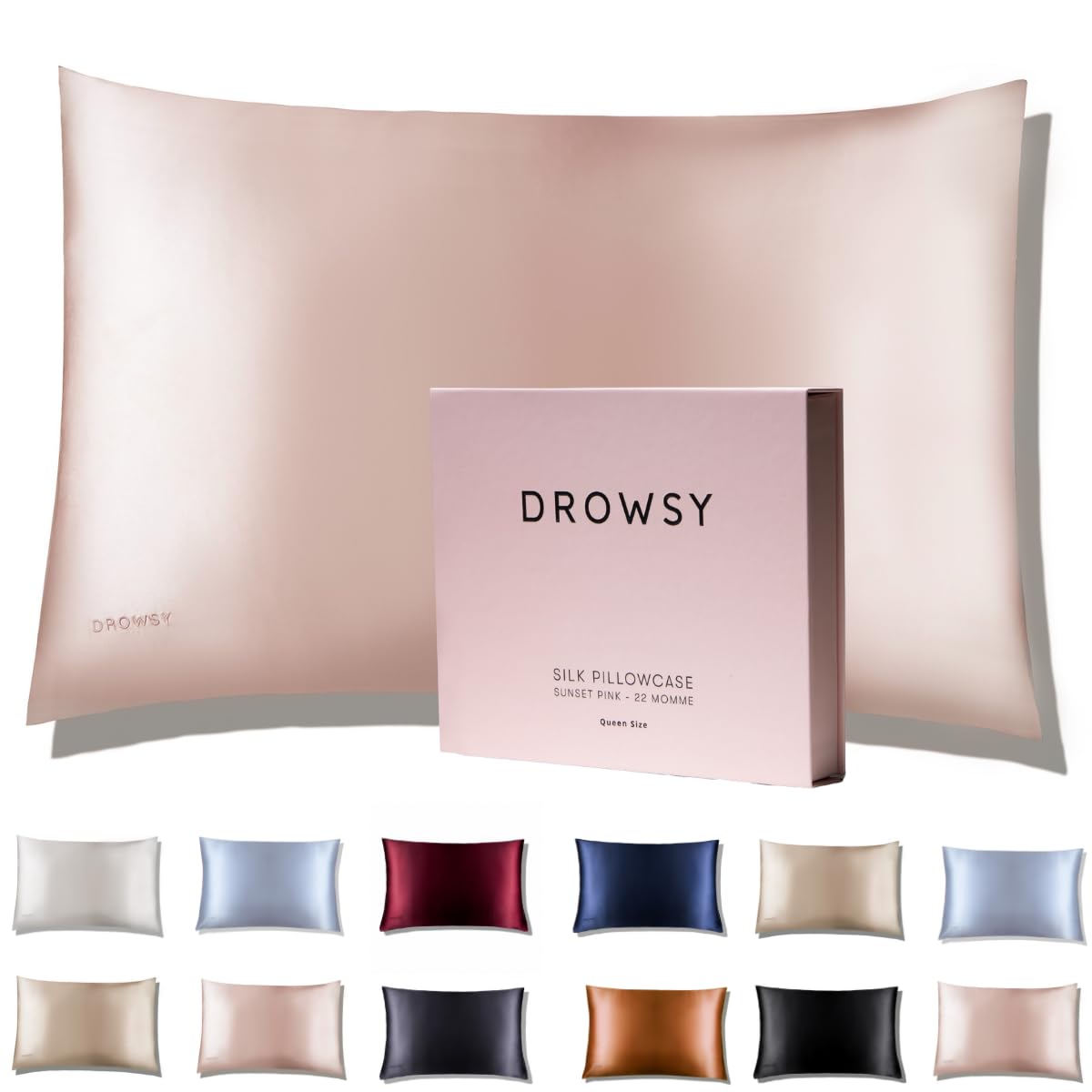 Drowsy Silk Pillowcase - 100% Pure Mulberry Silk - 22 Momme 6A High-Grade Fibers - Skin, Hair and Sleep Benefits - Envelope Opening (Queen, Sunset Pink)