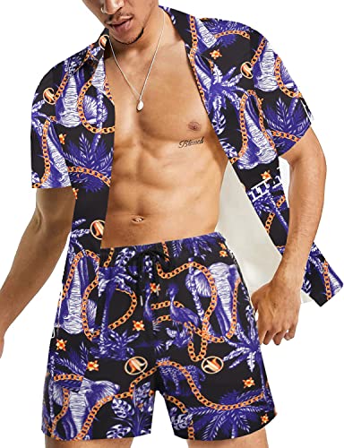 Men's Button Down Aloha Hawaiian Shirt - Summer Beach Wear Polo Tracksuit - 80s Outfit Leisure Suit - Purple