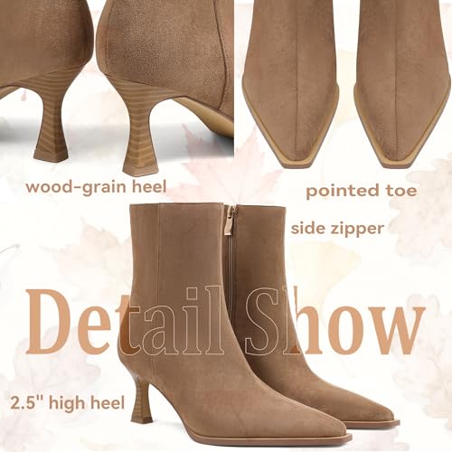 Image of Womens Brown Suede Fall Boots with Side Zip, Ankle, Mid Calf, Pointed Toe, Kitten Heel, Dressy, Short Boots